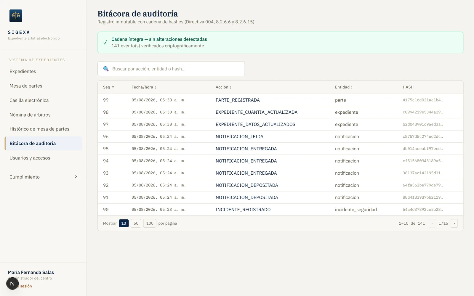 Bitácora de auditoría de SIGEXA mostrando la cadena de hashes íntegra y 96 eventos verificados criptográficamente
