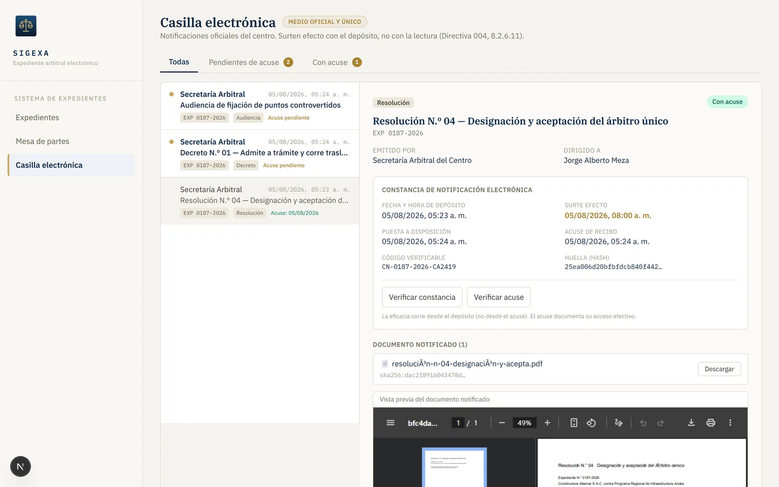 Casilla electrónica de SIGEXA mostrando la constancia de notificación con fecha de depósito, fecha en que surte efecto y código verificable