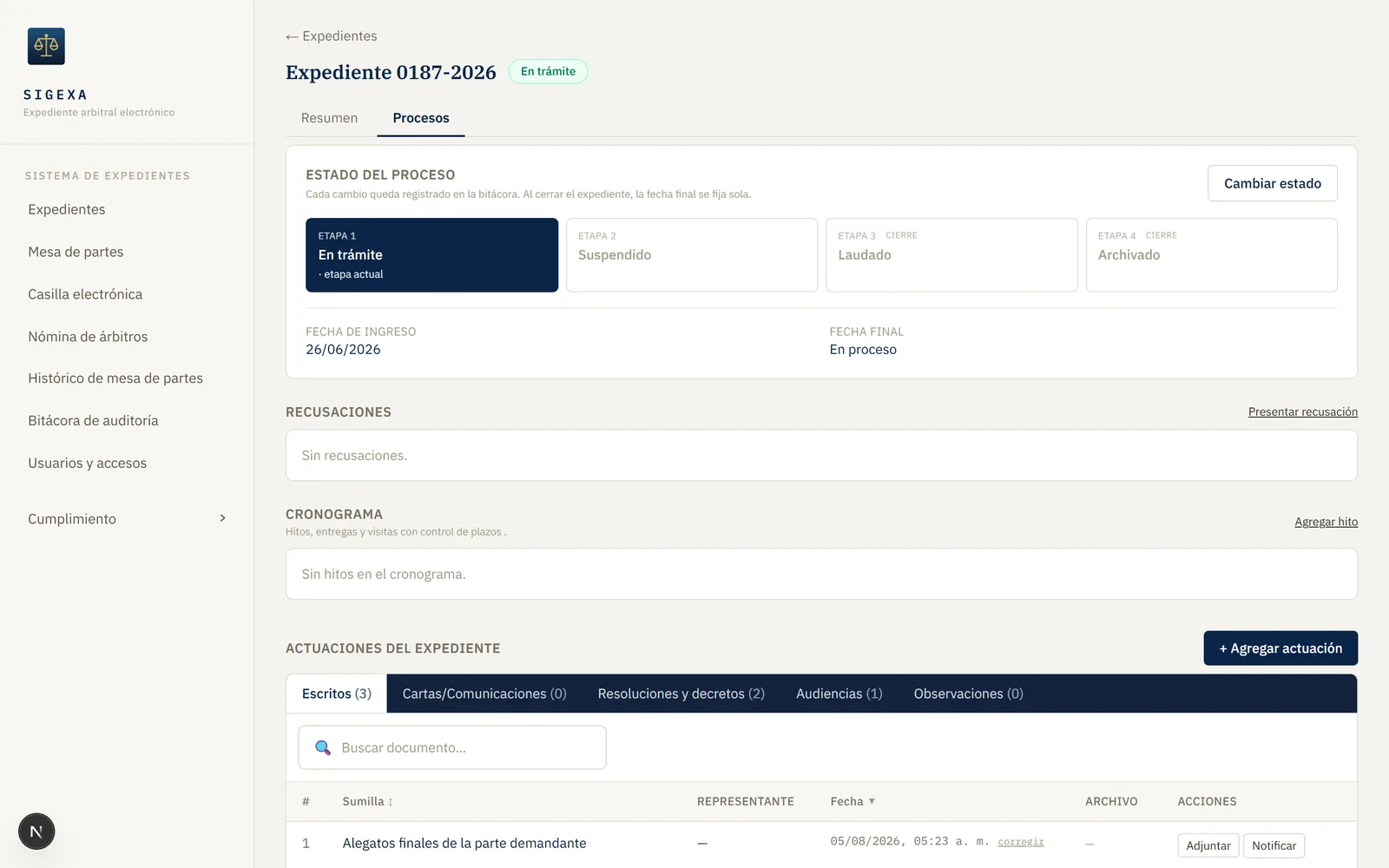 Pestaña de procesos de un expediente en SIGEXA con etapas, recusaciones, cronograma y actuaciones agrupadas por tipo