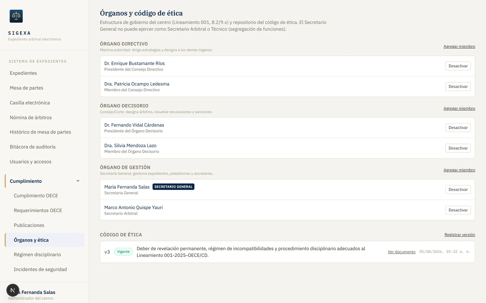 Pantalla de órganos de gobierno y código de ética en SIGEXA