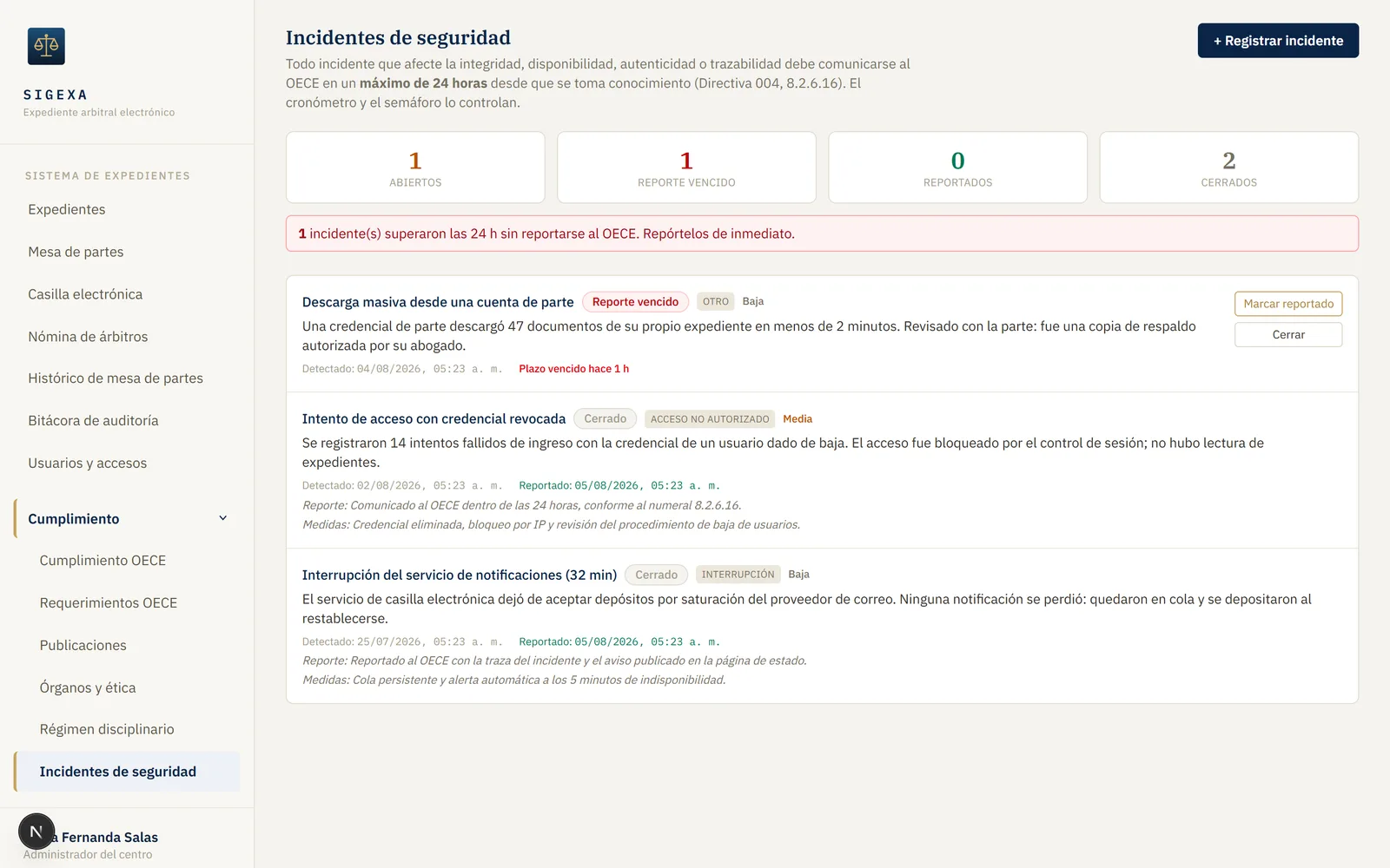 Registro de incidentes de seguridad con reporte al OECE dentro de 24 horas