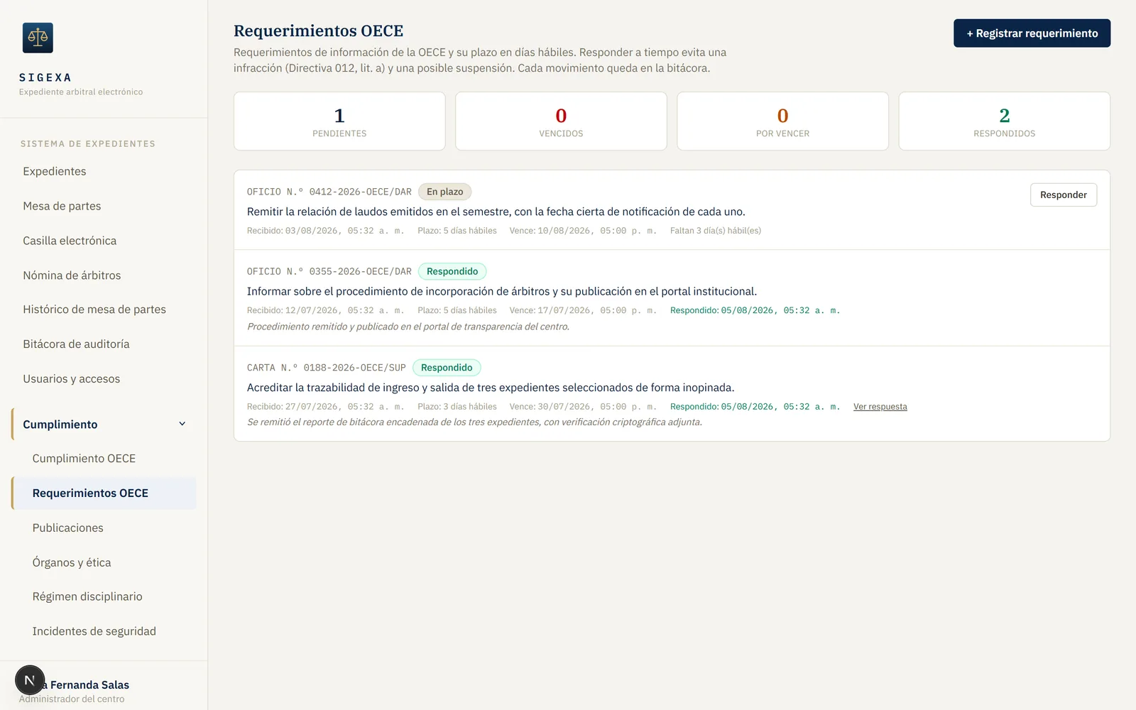 Bandeja de requerimientos del OECE en SIGEXA con plazos en días hábiles